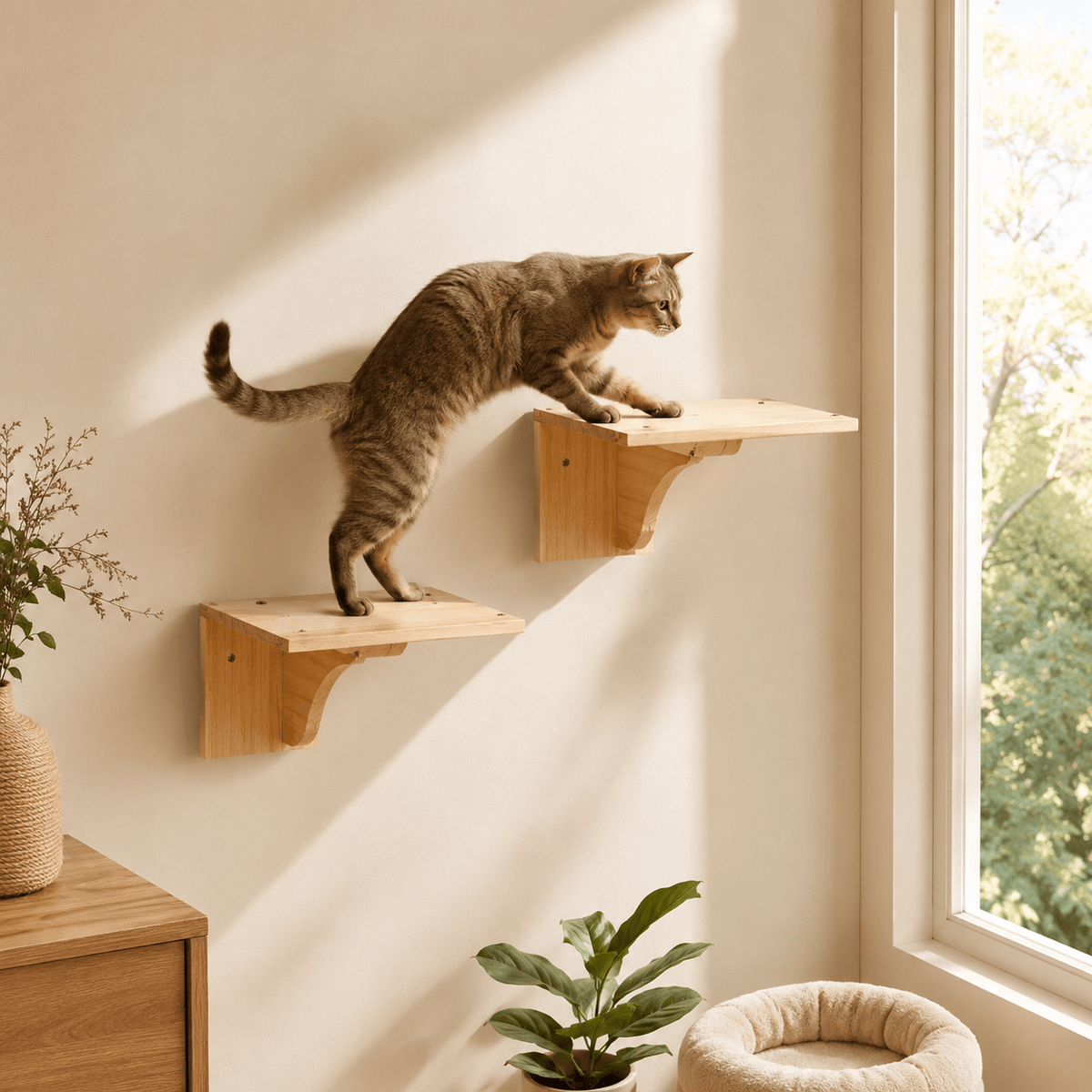 Chat qui grimpe sur des perchoirs muraux en bois près d’une fenêtre