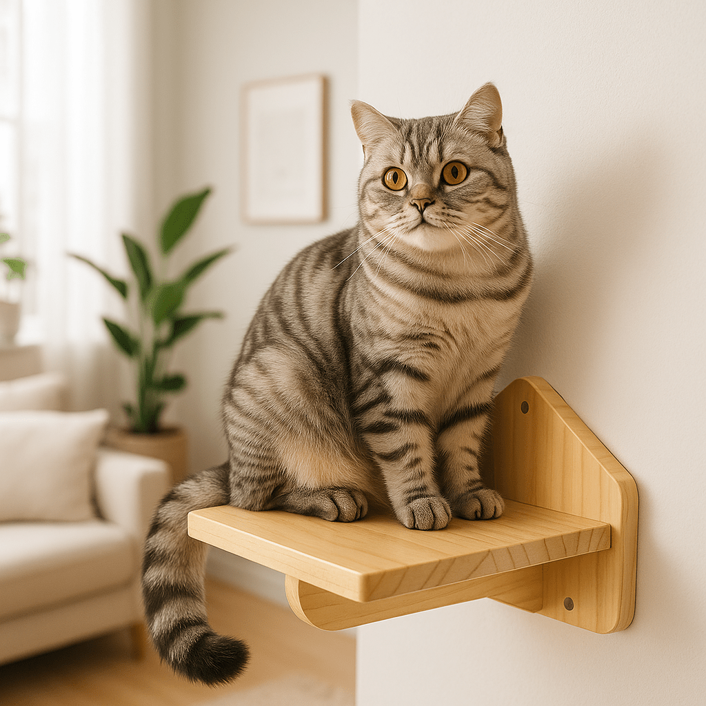 beau minet assis sur arbre a chat mural bois FelinDesign