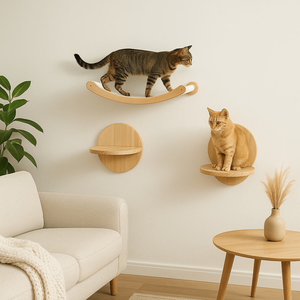 deux chats jouent dans l'arbre à chat mural design vertical
