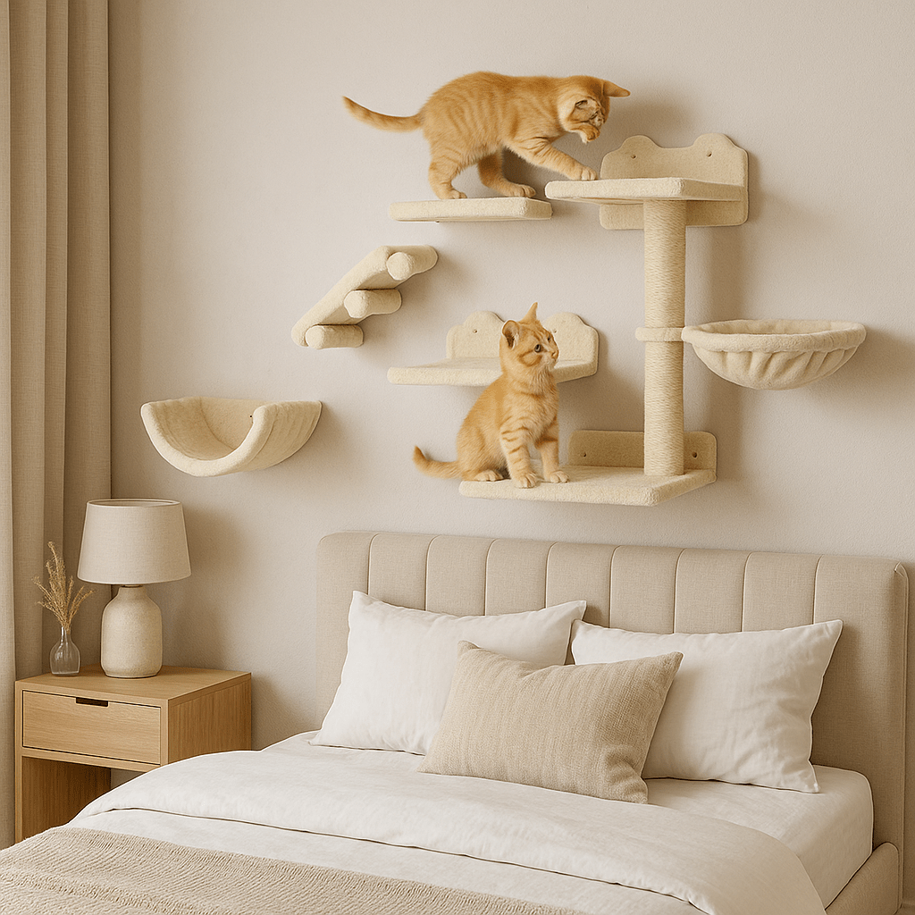 deux chats explorent arbre a chat mural Gain de Place
