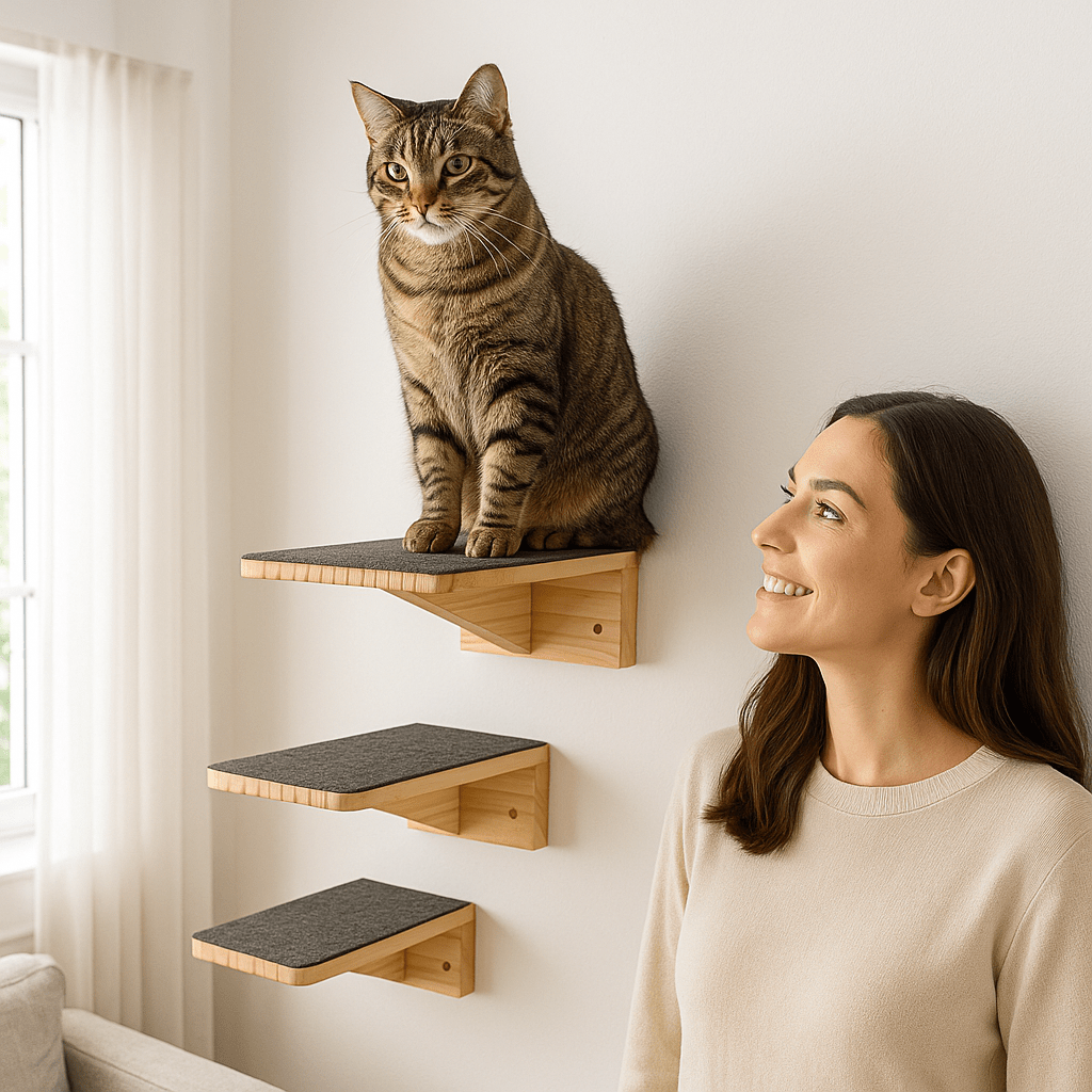 chat regarde territoire de haut assis sur l'arbre a chat murale Félivert
