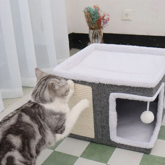 chat fait griffes dessus griffoir dessus niche à chat villa féline
