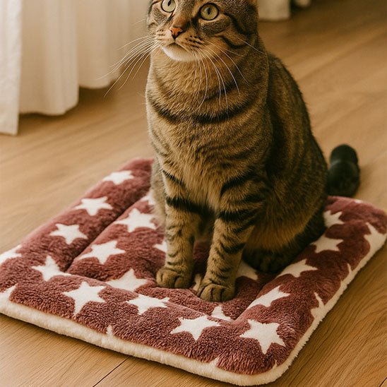 minou assis dessus coussin pour chat marron velours félin