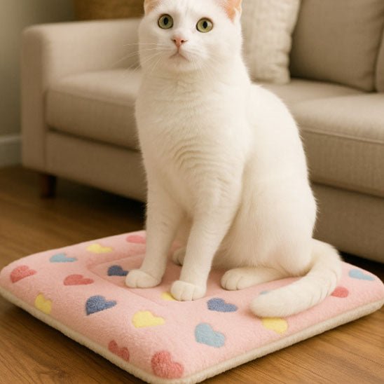 chat blanc assis dessus coussin pour chat Velours félin