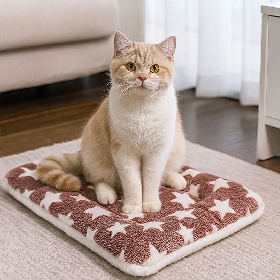 belle minette assis dessus coussin pour chat marron velours félin