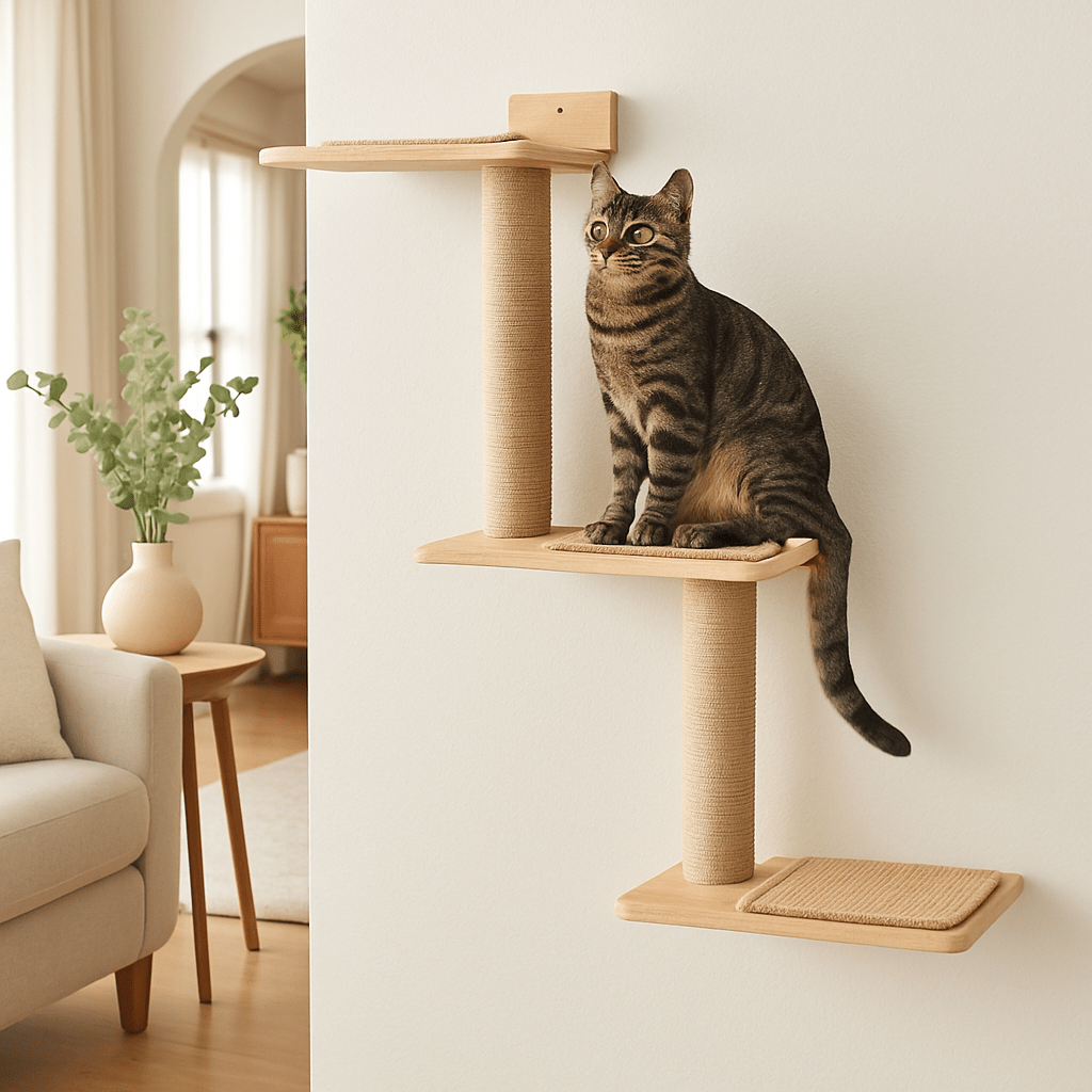beau matou assis dessus griffoir mural chat Stratocat