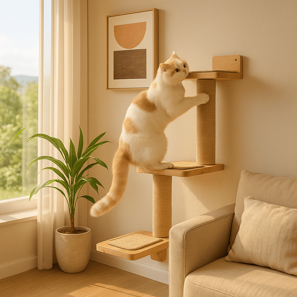 gros minou grimpe dessus griffoir mural chat trois étages Stratocat