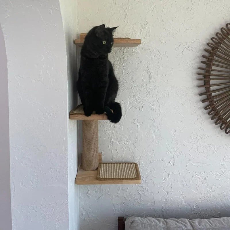 chat noir assis dessus griffoir mural chat bois sisal Stratocat