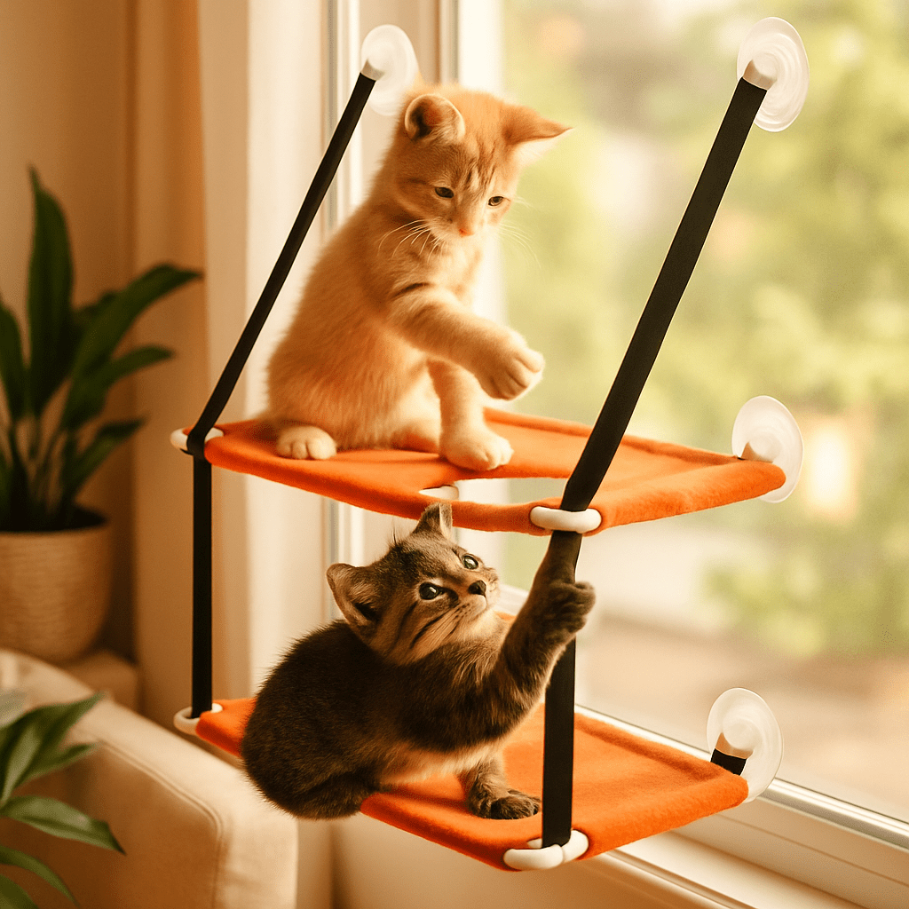 deux chatons jouent dessus hamac fenêtre double