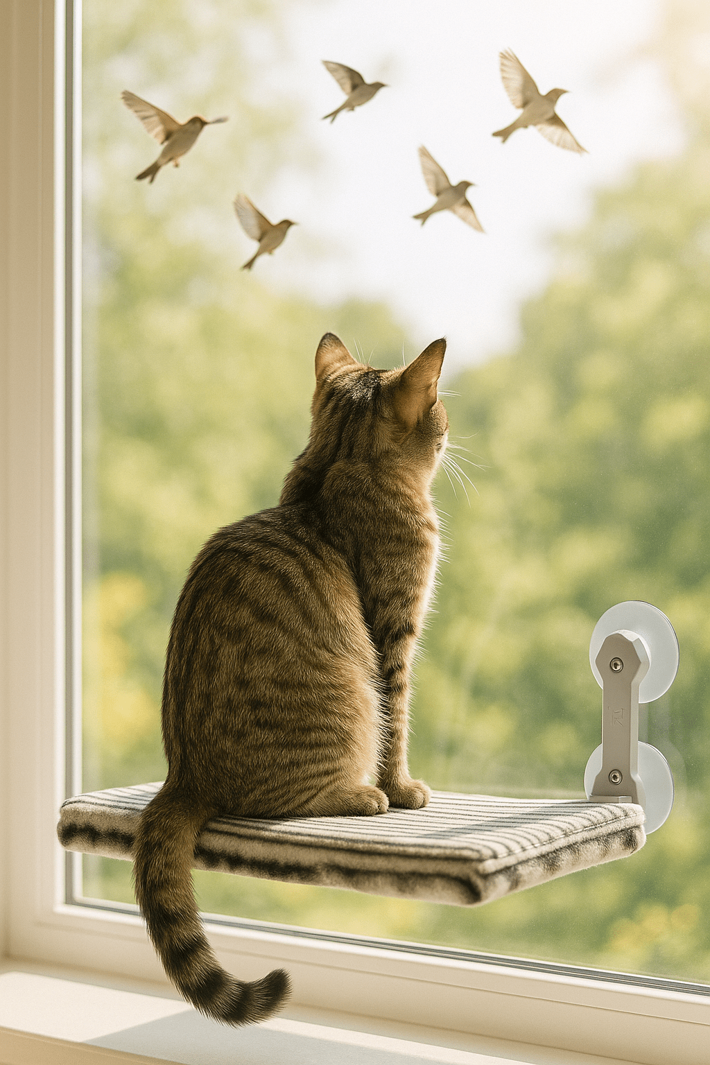chat assis hamac mural chat observe oiseau dehors RayonRonron