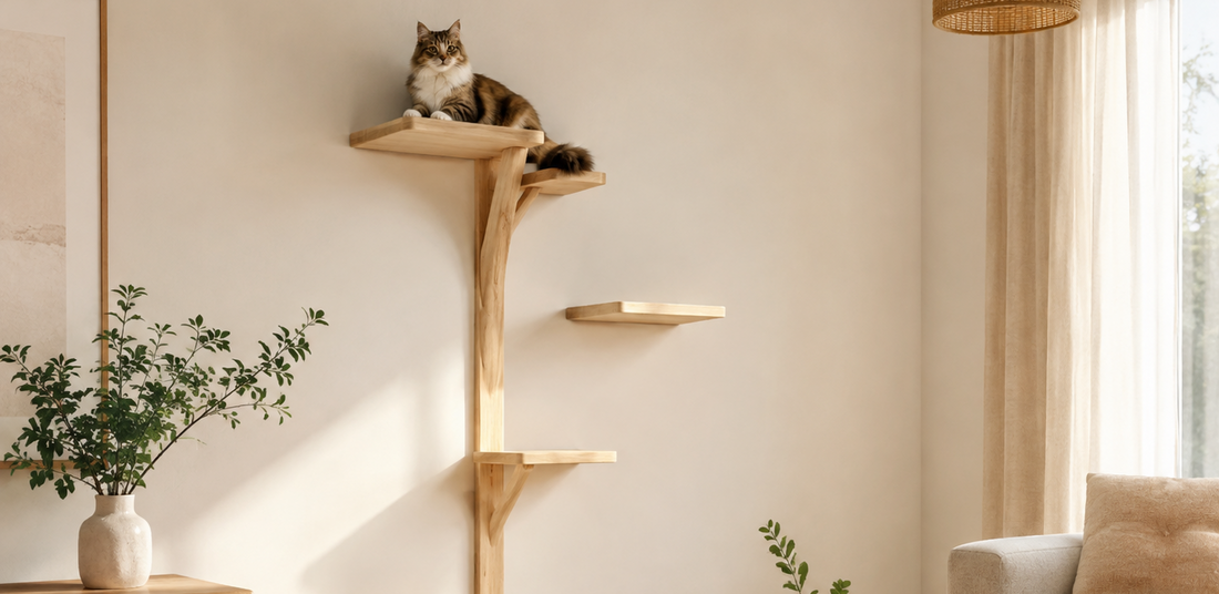 Aménagement mural pour chat installé dans un angle de petit salon