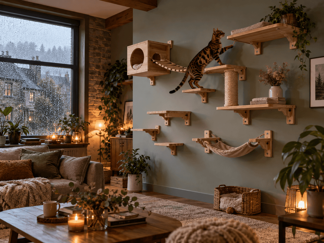Chat Bengal explorant un parcours mural en bois dans un salon chaleureux par temps de pluie