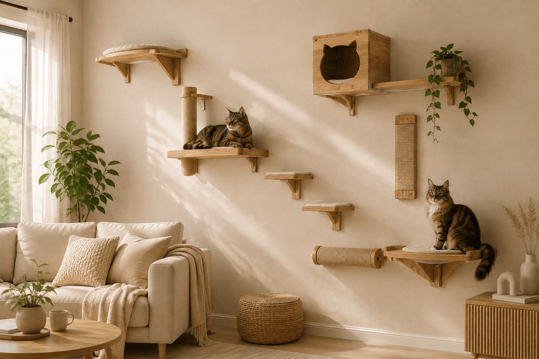 Arbre à chat mural en bois avec parcours complet dans un salon lumineux