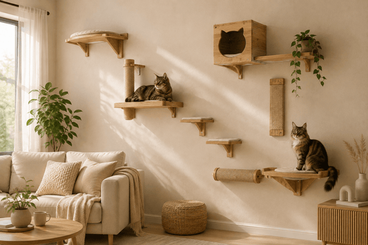 Arbre à chat mural en bois avec parcours complet dans un salon lumineux