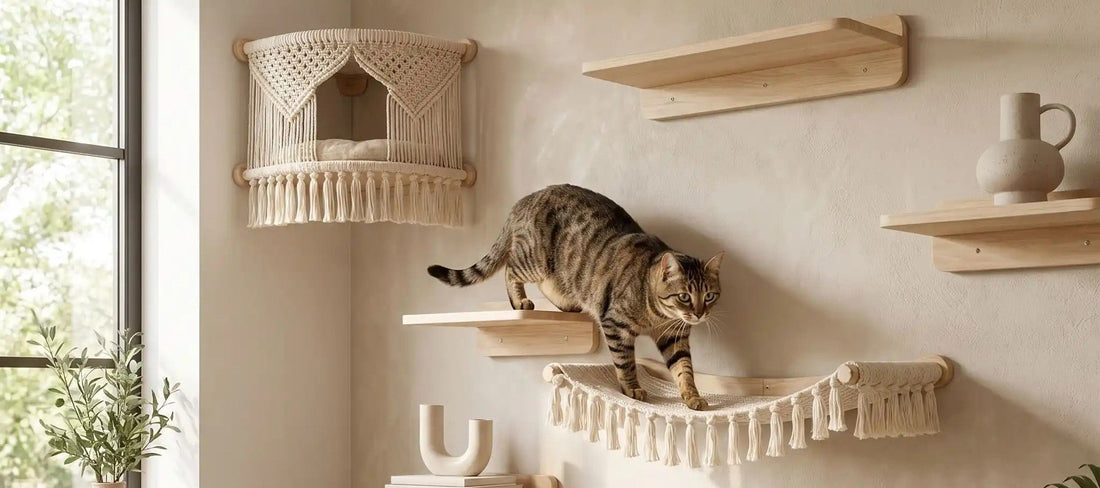 Arbre à chat mural bois complet avec hamac mural, niche murale et plateformes dans un salon beige lumineux