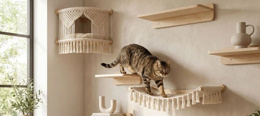 Arbre à chat mural bois complet avec hamac mural, niche murale et plateformes dans un salon beige lumineux