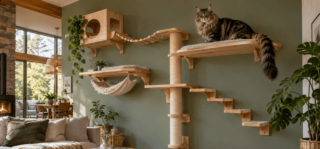 Grand Maine Coon installé sur un arbre à chat mural en bois avec plateformes, griffoir et hamac dans un salon chaleureux au mur vert sauge