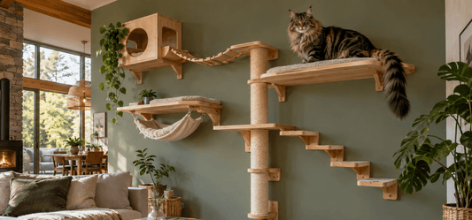 Grand Maine Coon installé sur un arbre à chat mural en bois avec plateformes, griffoir et hamac dans un salon chaleureux au mur vert sauge