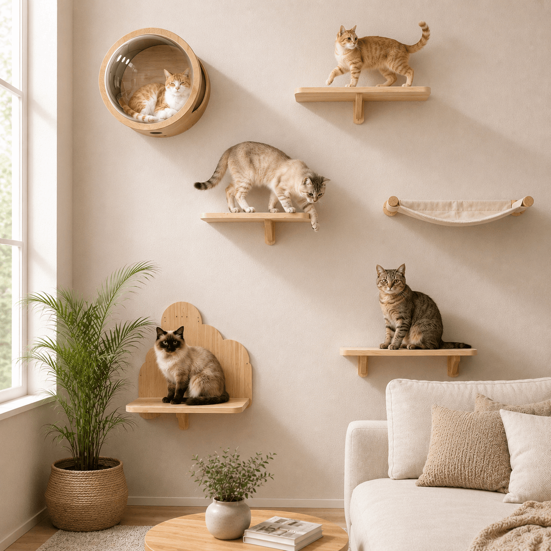 Hamac pour chat suspendu intégré à un parcours mural en bois naturel avec plusieurs chats dans un salon beige élégant