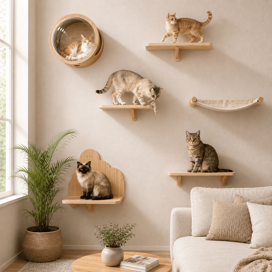 Hamac pour chat suspendu intégré à un parcours mural en bois naturel avec plusieurs chats dans un salon beige élégant