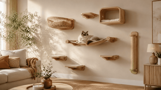 Coin détente mural pour chat avec panier, hamac, niche, plateformes et griffoir dans un salon beige clair