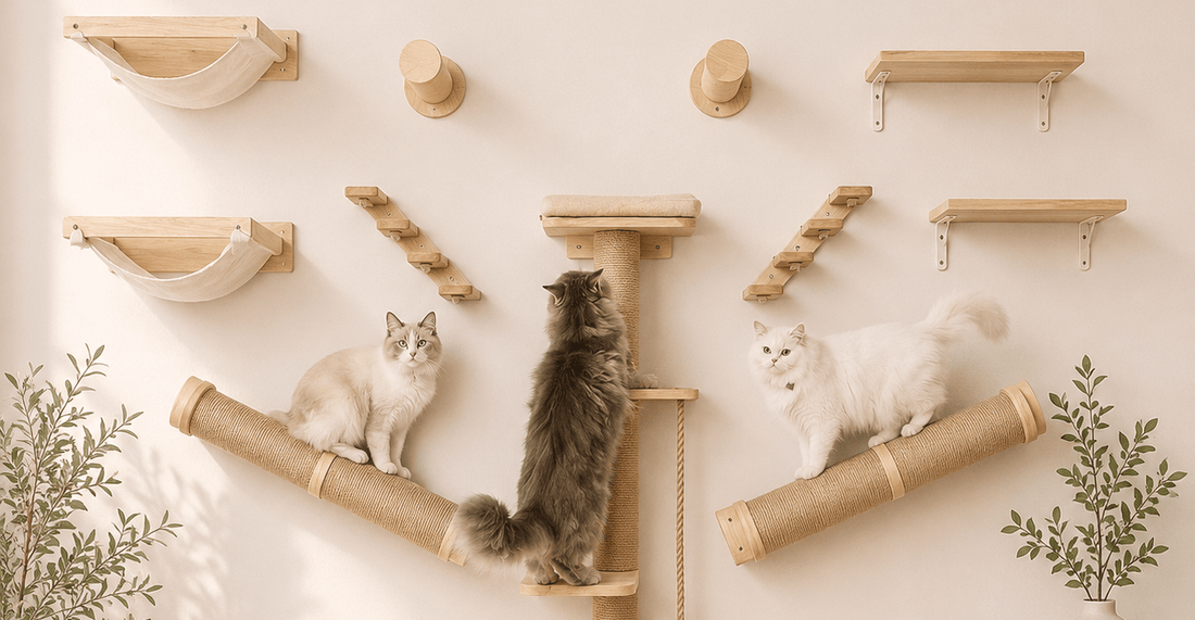 parcours mural pour chat dans un salon beige chic