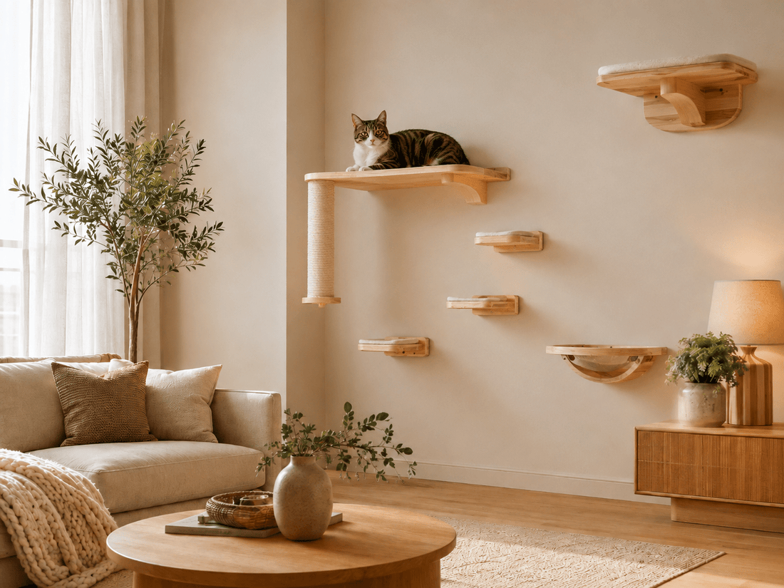 Chat installé en hauteur sur un arbre à chat mural