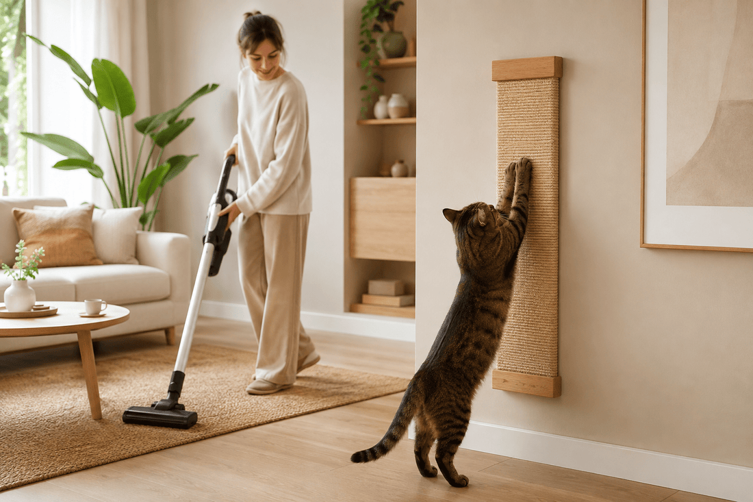 Chat utilisant un griffoir mural pendant le nettoyage du salon