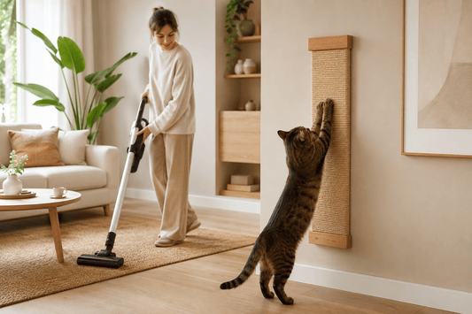Chat utilisant un griffoir mural pendant le nettoyage du salon