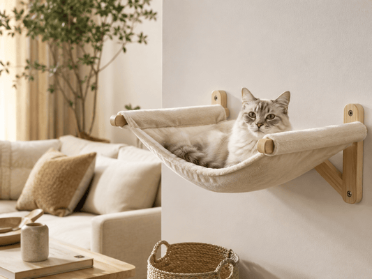 Chat installé dans un hamac mural chat dans un salon beige