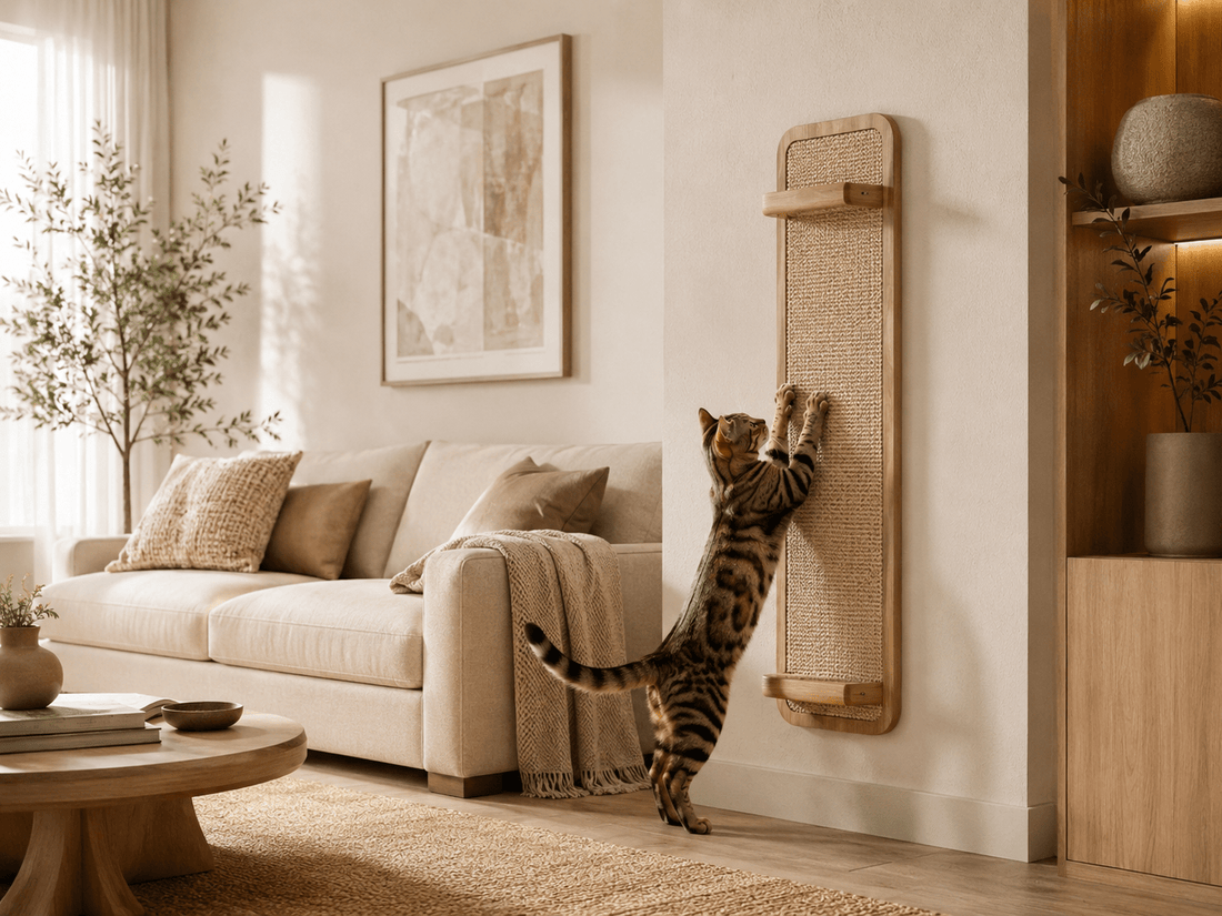 Griffoir mural pour chat design en bois clair et sisal naturel dans un salon beige lumineux