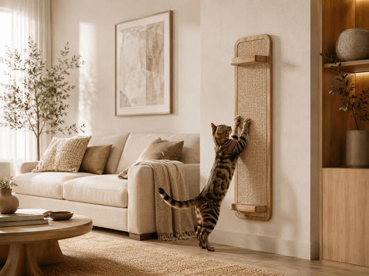 Griffoir mural pour chat design en bois clair et sisal naturel dans un salon beige lumineux