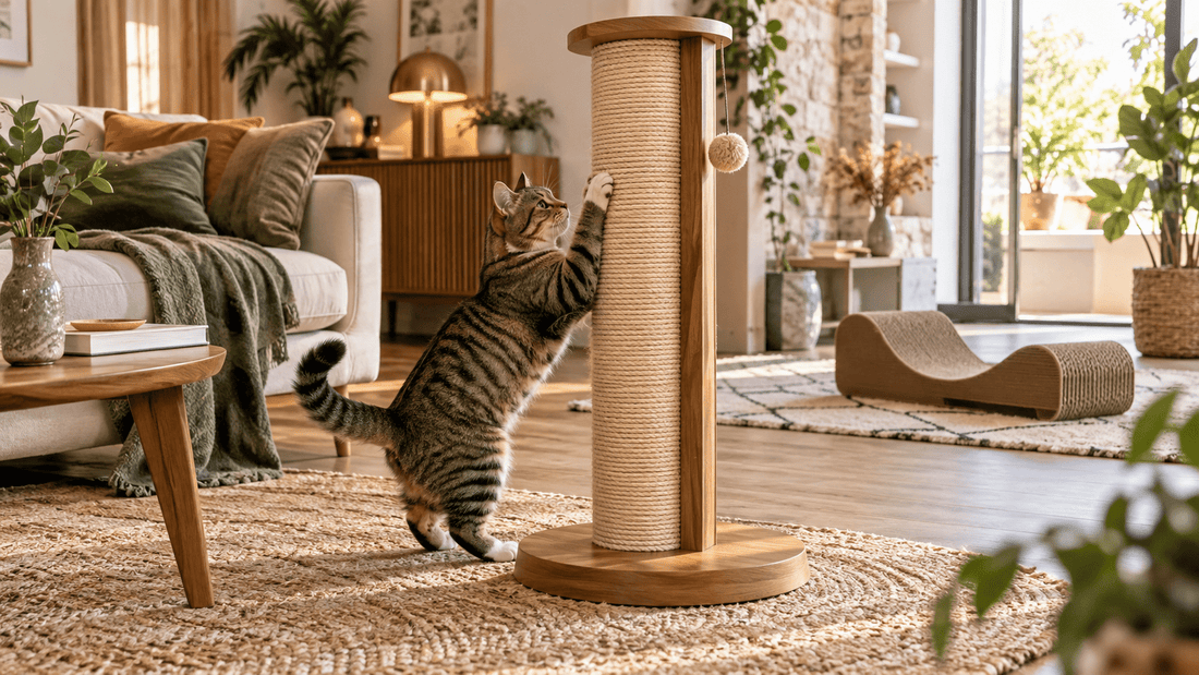 Chat tigré faisant ses griffes sur une colonne en sisal et bois, avec un modèle en carton visible dans la pièce