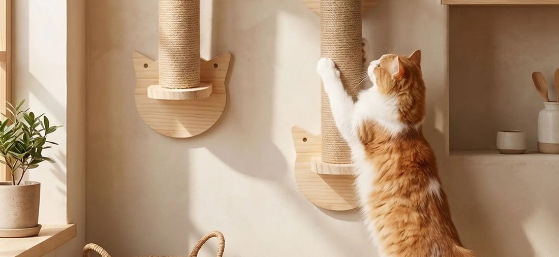 Chat utilisant un griffoir chat design mural en bois naturel dans un intérieur beige chaleureux