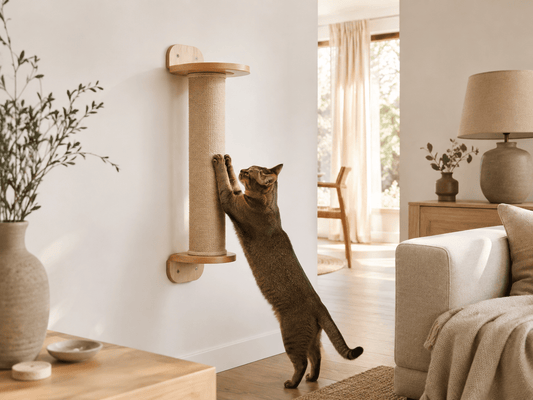 Chat utilisant un griffoir mural en bois clair et sisal dans un salon beige lumineux