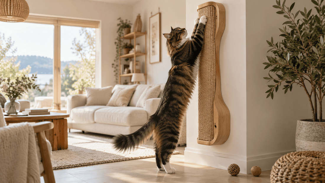 Grand chat adulte étiré sur un griffoir mural en sisal dans un salon beige lumineux