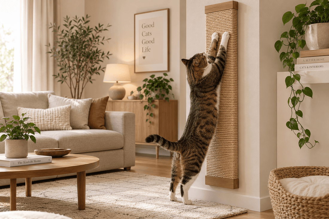 Chat adulte complètement étiré sur un grand griffoir sisal vertical mural dans un beau salon beige