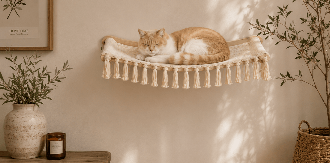 hamac mural chat beige chic avec chat relaxant en hauteur dans un salon élégant