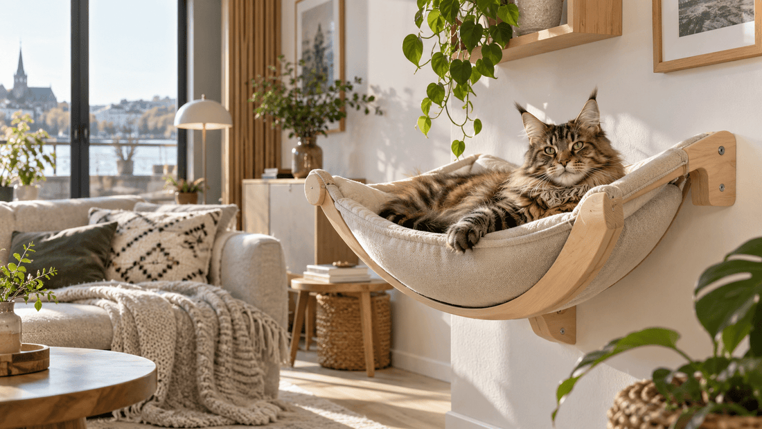 Maine Coon installé dans un hamac mural en bois dans un salon lumineux