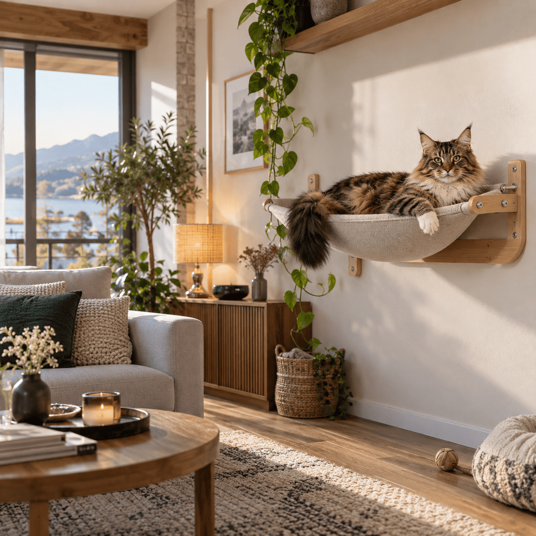 Grand Maine Coon allongé dans un hamac mural en tissu dans un salon lumineux