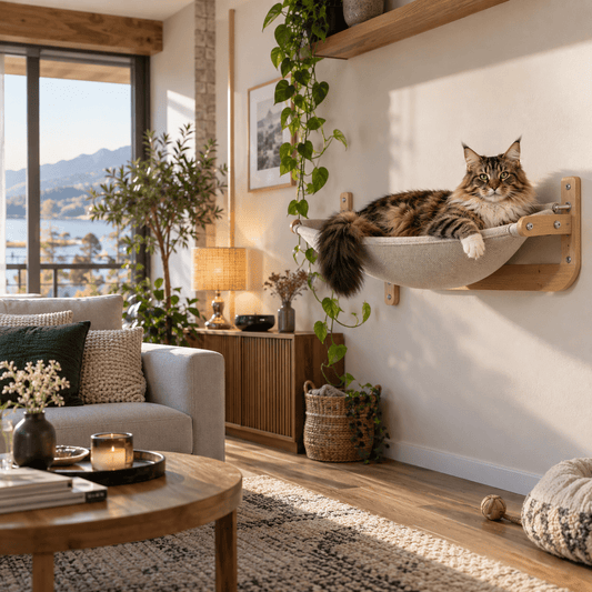 Grand Maine Coon allongé dans un hamac mural en tissu dans un salon lumineux