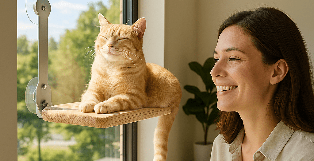 chat heureux couché hamac humain contente voir chat