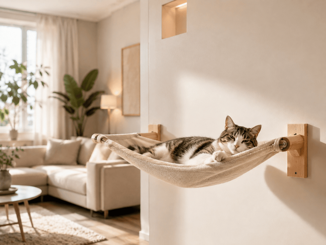 Hamac pour chat élégant installé dans un salon beige lumineux avec un chat détendu