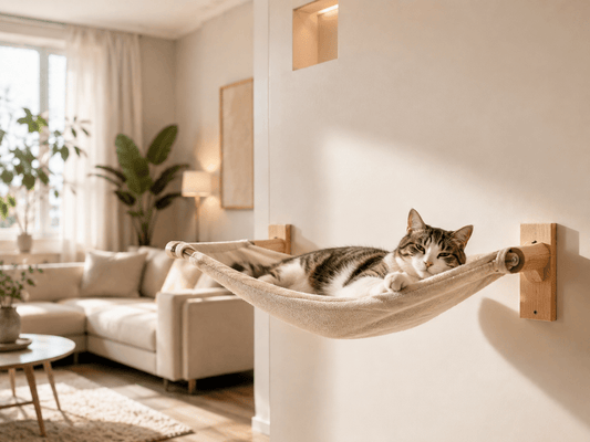 Hamac pour chat élégant installé dans un salon beige lumineux avec un chat détendu