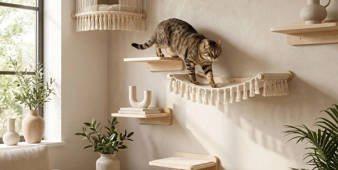 Hamac pour chat suspendu intégré à un parcours mural en bois avec tablettes murales dans un intérieur beige moderne.