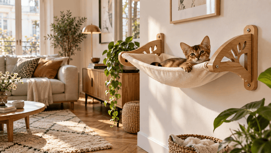 Chaton abyssin installé dans un couchage suspendu fixé au mur d’un séjour lumineux