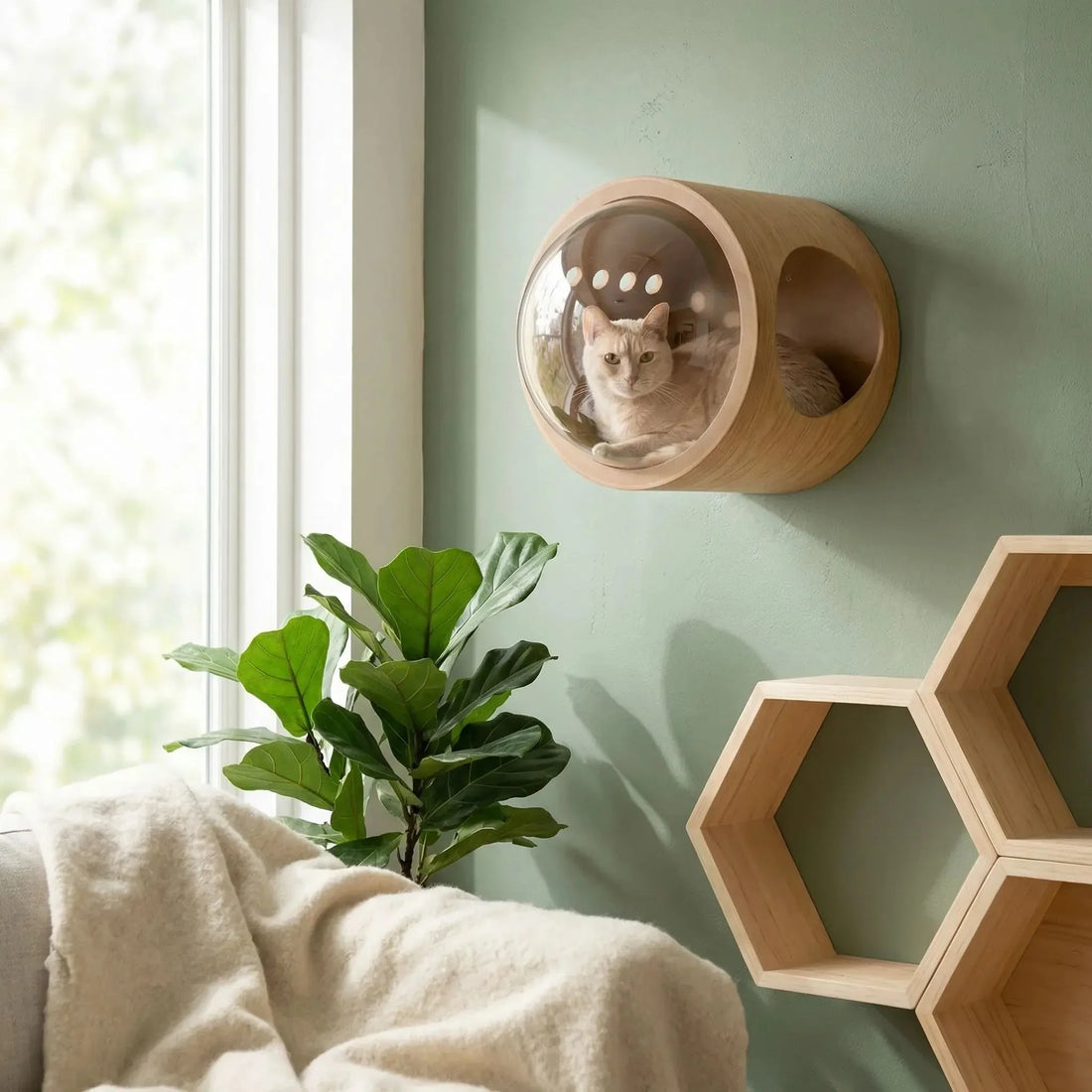 chat dans niche murale avec bulle transparente en bois