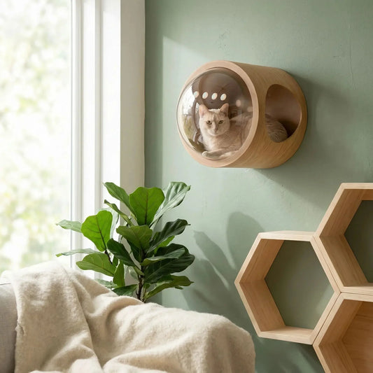 chat dans niche murale avec bulle transparente en bois