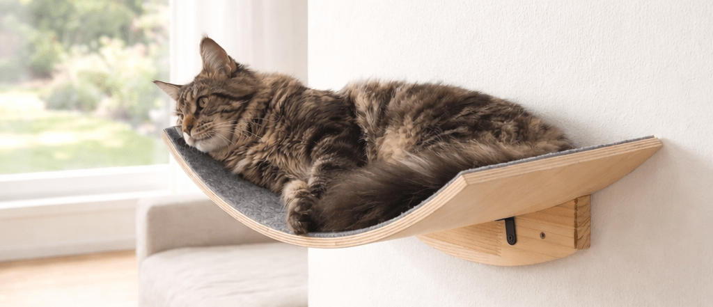 Hamac mural chat installé près d’une fenêtre pour créer un couchage chat en hauteur confortable