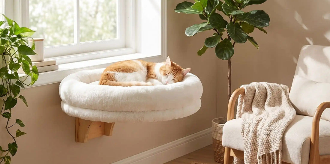 Panier mural chat installé dans un salon beige clair avec un chat couché en hauteur